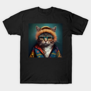 Cat wearing colorful jacket, hat and glasses T-Shirt